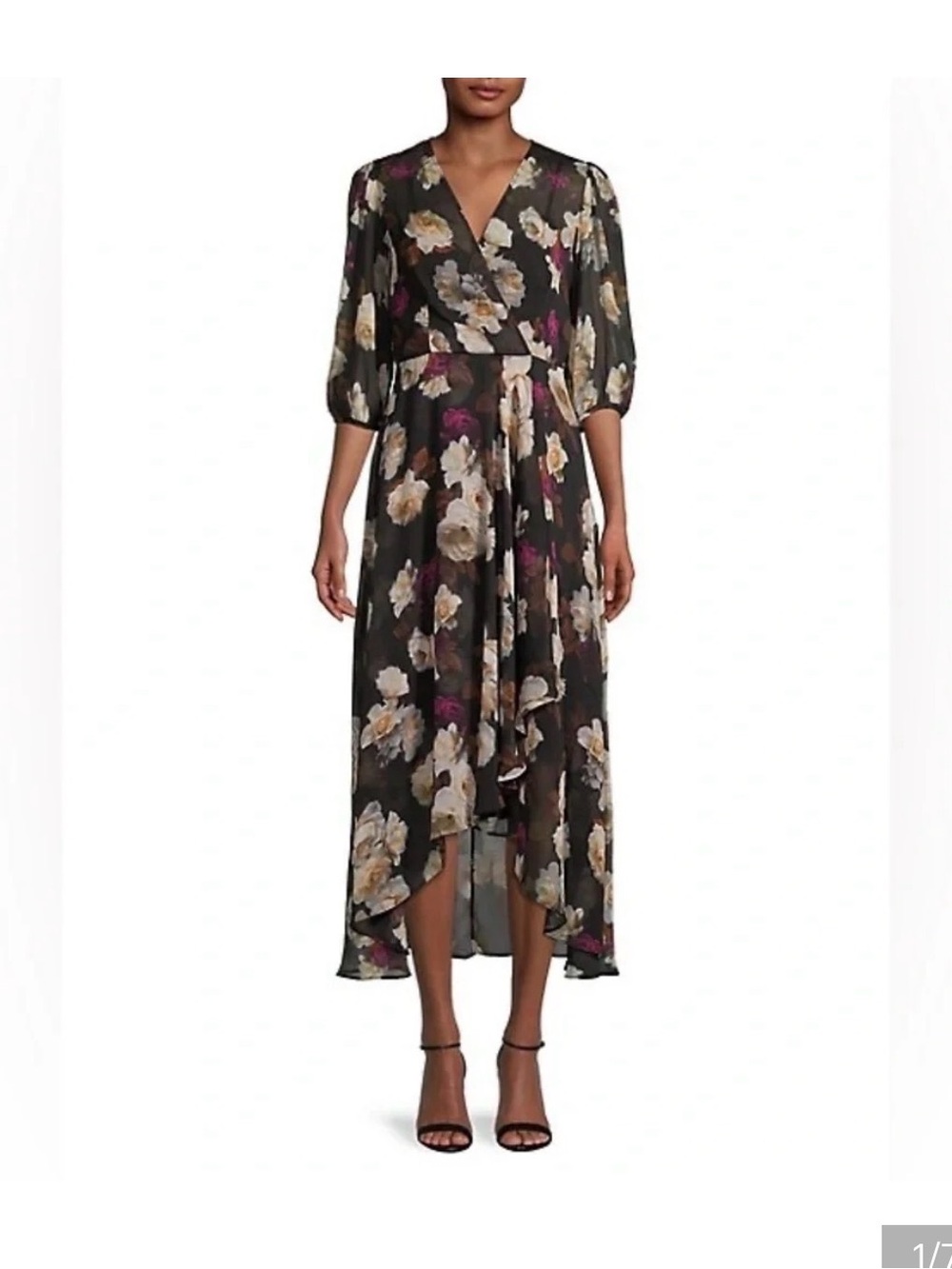 Floral Wrap Midi Dress in Black